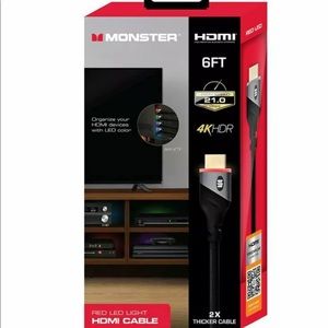 Monster HDMI Cable 4K HDR Premium Gold Plated High Speed 6 Ft Red LED Lighted
